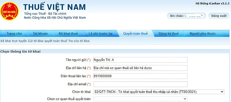 Điền thông tin tờ khai quyết toán thuế