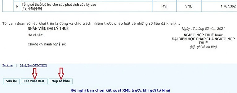 Kết xuất XML và nộp tờ khai để hoàn tất