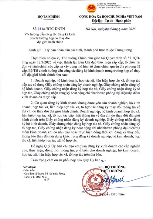Công văn 4370/BTC-DNTN về thay đổi ĐKKD sau khi sáp nhập tỉnh