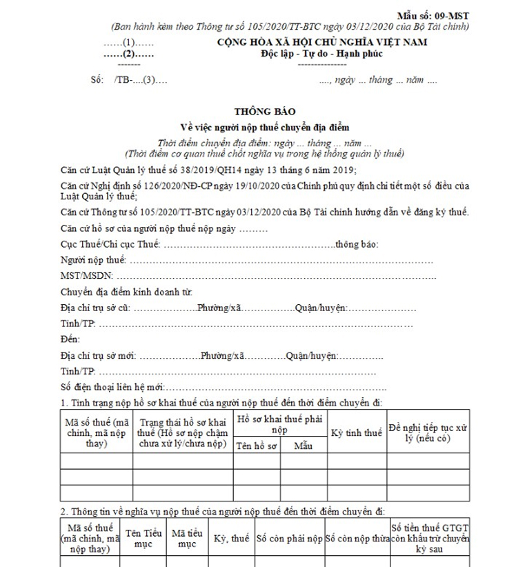 Mẫu thông báo thay đổi địa chỉ công ty gửi cơ quan thuế