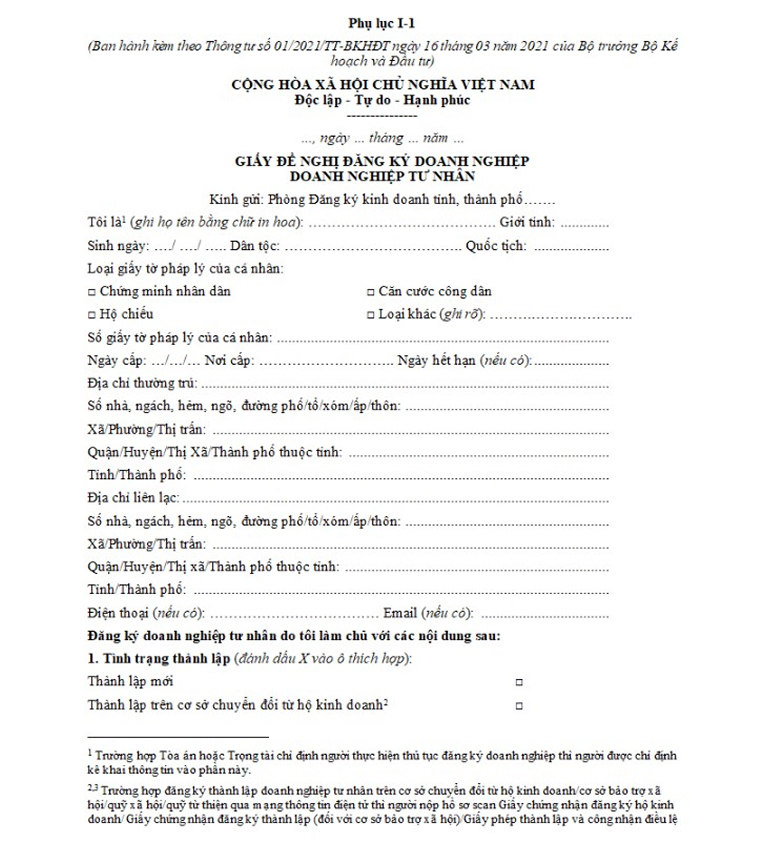 Mẫu giấy đề nghị đăng ký doanh nghiệp tư nhân