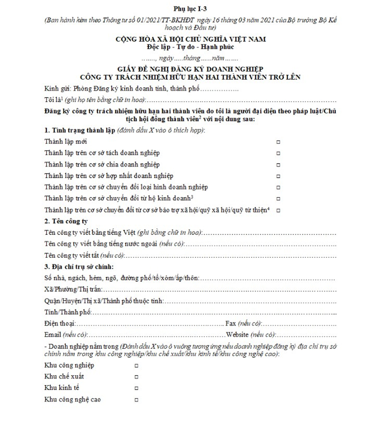 Mẫu giấy đơn đăng ký thành lập công ty TNHH 2 thành viên trở lên