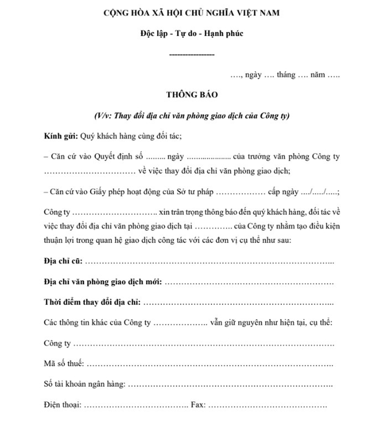 Mẫu thông báo thay đổi văn phòng giao dịch của công ty