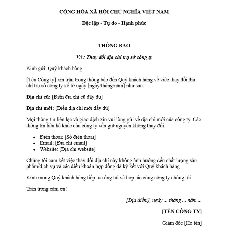 Mẫu thông báo thay đổi địa chỉ công ty gửi tới khách hàng (Thông dụng)