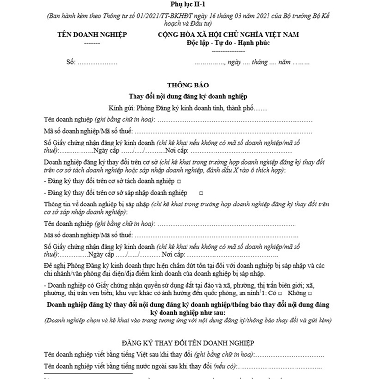 Mẫu thông báo thay đổi địa chỉ công ty gửi Sở Kế hoạch đầu tư