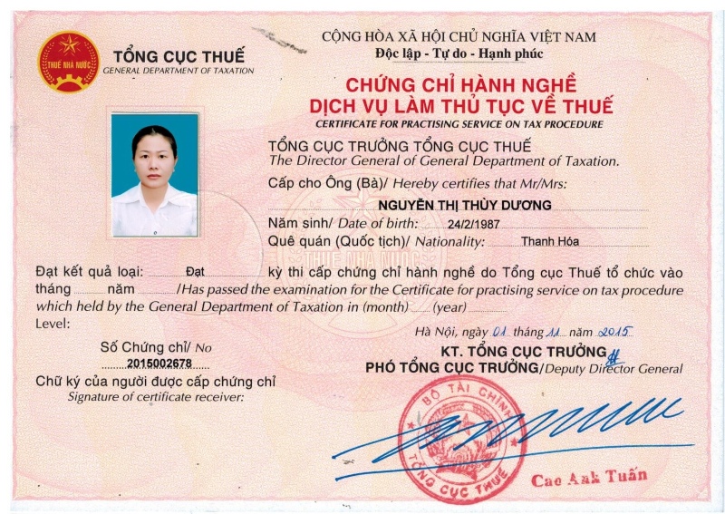 chứng chỉ hành nghề thuế của nguyễn thị thùy dương